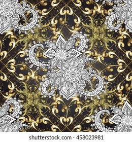 Vintage pattern on black background with golden and white elements.