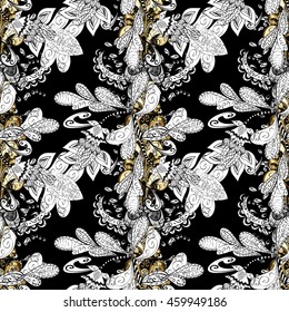 Vintage pattern on black background with golden elements.