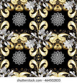 Vintage pattern on black background with golden elements.