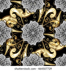 Vintage pattern on black background with golden elements.