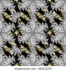 Vintage pattern on black background with golden elements.