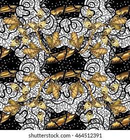 Vintage pattern on black background with golden elements.