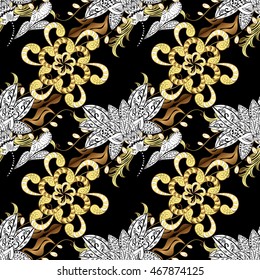 Vintage pattern on black background with golden elements.