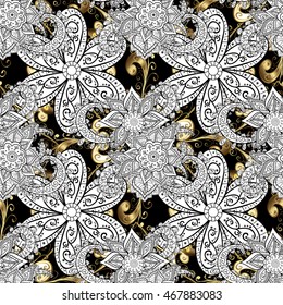 Vintage pattern on black background with golden elements.