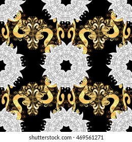 Vintage pattern on black background with golden elements.