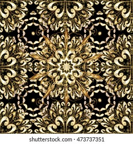 Vintage pattern on black background with golden elements.