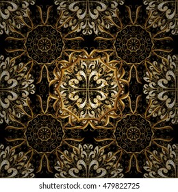 Vintage pattern on black background with golden elements.