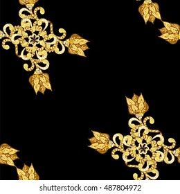 Vintage pattern on black background with golden elements. Vector.