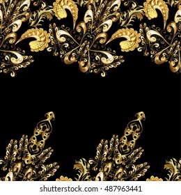 Vintage pattern on black background with golden elements. Vector.