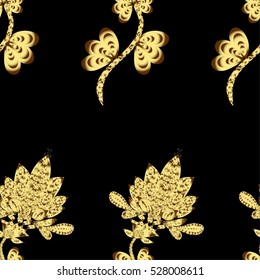 Vintage pattern on black background with golden elements.