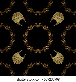 Vintage pattern on black background with golden elements. Round shadow.