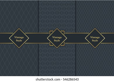 Vintage pattern on black background. Seamless with golden frame for design in retro style. Universal pattern for wallpapers, textile, fabric, wrapping paper, packaging box etc