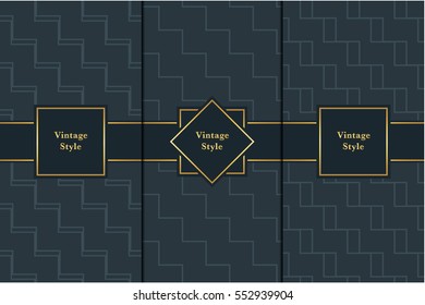Vintage pattern on black background. Seamless pattern with golden frame for design in retro style. Universal pattern for wallpapers, textiles, fabrics, wrapping papers, packaging boxes etc.