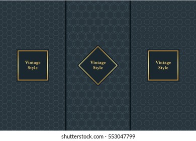 Vintage pattern on black background. Seamless pattern with golden frame for design in retro style. Universal pattern for wallpapers, textiles, fabrics, wrapping papers, packaging boxes etc..