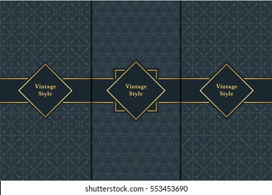 Vintage pattern on black background. Seamless pattern with golden frame for design in retro style. Universal pattern for wallpapers, textiles, fabrics, wrapping papers, packaging boxes etc..