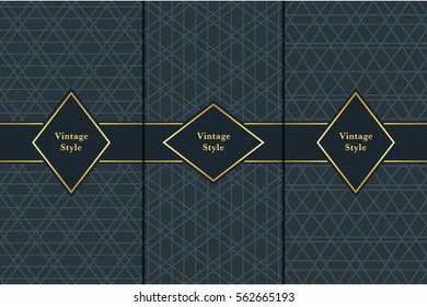 Vintage pattern on black background. Seamless pattern with golden frame for design in retro style. Universal pattern for wallpapers, textiles, fabrics, wrapping papers, packaging boxes etc..