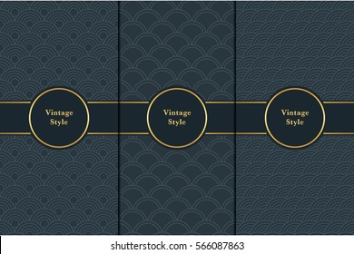 Vintage pattern on black background. Seamless pattern with golden frame for design in retro style. Universal pattern for wallpapers, textiles, fabrics, wrapping papers, packaging boxes etc.