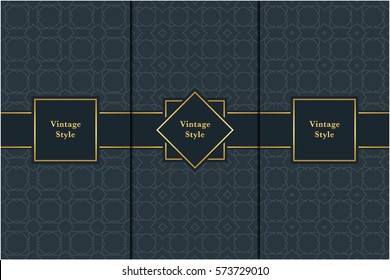 Vintage pattern on black background. Seamless pattern with golden frame for design in retro style. Universal pattern for wallpapers, textiles, fabrics, wrapping papers, packaging boxes etc.
