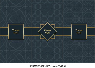 Vintage pattern on black background. Seamless pattern with golden frame for design in retro style. Universal pattern for wallpapers, textiles, fabrics, wrapping papers, packaging boxes etc
