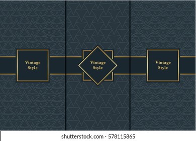 Vintage pattern on black background. Seamless pattern with golden frame for design in retro style. Universal pattern for wallpapers, textiles, fabrics, wrapping papers, packaging boxes etc