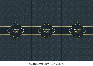 Vintage pattern on black background. Seamless pattern with golden frame for design in retro style. Universal pattern for wallpapers, textiles, fabrics, wrapping papers, packaging boxes etc.