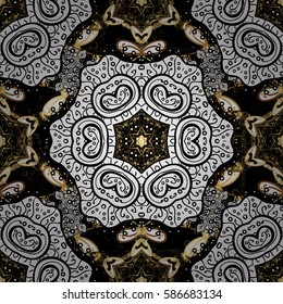 Vintage pattern on black background with golden elements. Christmas, snowflake, new year. Golden pattern on black background with golden elements.