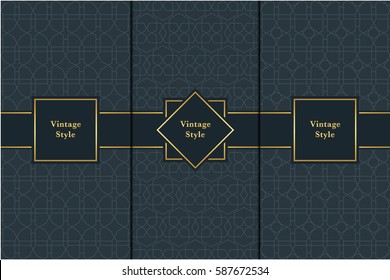 Vintage pattern on black background. Seamless pattern with golden frame for design in retro style. Universal pattern for wallpapers, textiles, fabrics, wrapping papers, packaging boxes etc