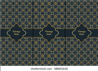 Vintage pattern on black background. Seamless pattern with golden frame for design in retro style. Universal pattern for wallpapers, textiles, fabrics, wrapping papers, packaging boxes etc