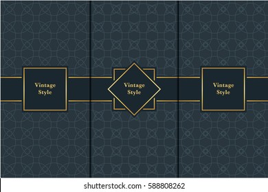 Vintage pattern on black background. Seamless pattern with golden frame for design in retro style. Universal pattern for wallpapers, textiles, fabrics, wrapping papers, packaging boxes etc