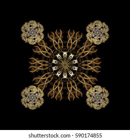 Vintage pattern on black background with golden elements. Christmas, snowflake, new year. Golden pattern on black background with golden elements.