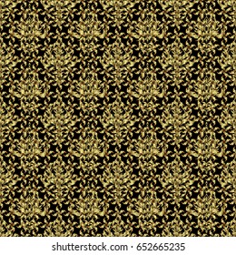 Vintage pattern on black background. Seamless pattern with golden elements for design in retro style. Universal vector pattern for wallpapers, textile, fabric, wrapping paper, packaging box etc.