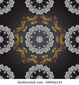 Vintage pattern on black round background with golden and white elements.