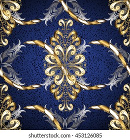 Vintage pattern on blue background with golden and silver elements.