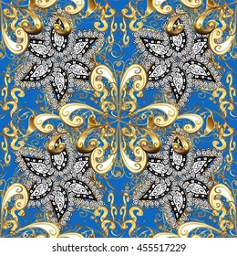 Vintage pattern on blue background with golden elements. Vector illustration.