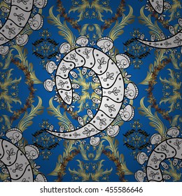 Vintage pattern on blue background with golden elements. Vector illustration.