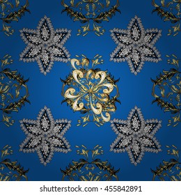 Vintage pattern on blue background with golden elements. Vector illustration.