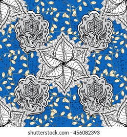 Vintage pattern on blue background with golden elements. Vector illustration.