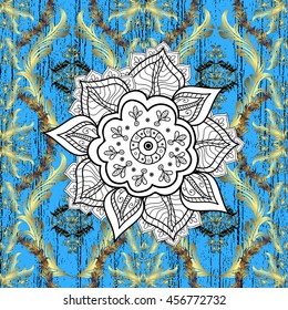 Vintage pattern on blue background with golden elements. Vector illustration.