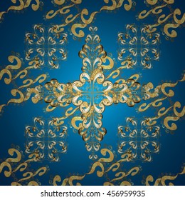Vintage pattern on blue background with golden elements. Vector illustration.