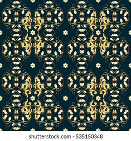 Vintage pattern on blue background with golden elements.