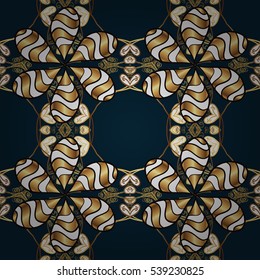 Vintage pattern on blue background with golden elements. Round shadow.