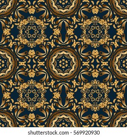 Vintage pattern on blue background. Seamless pattern with golden elements for design in retro style. Universal vector pattern for wallpapers, textile, fabric, wrapping paper, packaging box etc.