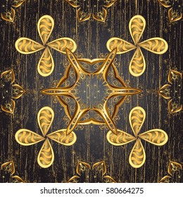 Vintage pattern on blue background with golden elements. Christmas, snowflake, new year. Golden pattern on blue background with golden elements.