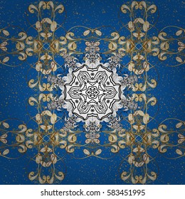 Vintage pattern on blue background with golden elements. Christmas, snowflake, new year 2018.