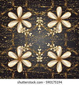 Vintage pattern on blue background with golden elements. Christmas, snowflake, new year. Golden pattern on blue background with golden elements.