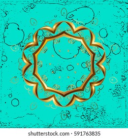 Vintage pattern on a blue background with golden elements. Vector illustration.