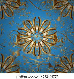 Vintage pattern on blue background with golden elements. Christmas, snowflake, new year.