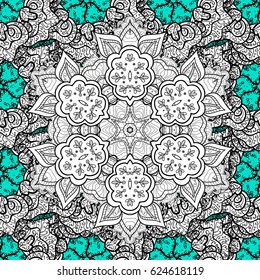 Vintage pattern on blue background with white elements. Christmas, snowflake, new year.