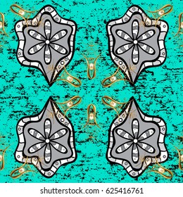 Vintage pattern on blue background with golden elements. Christmas, snowflake, new year.