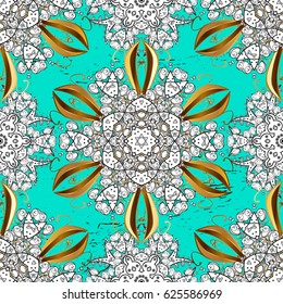 Vintage pattern on blue background with golden elements. Christmas, snowflake, new year. Golden pattern on blue background with golden elements.